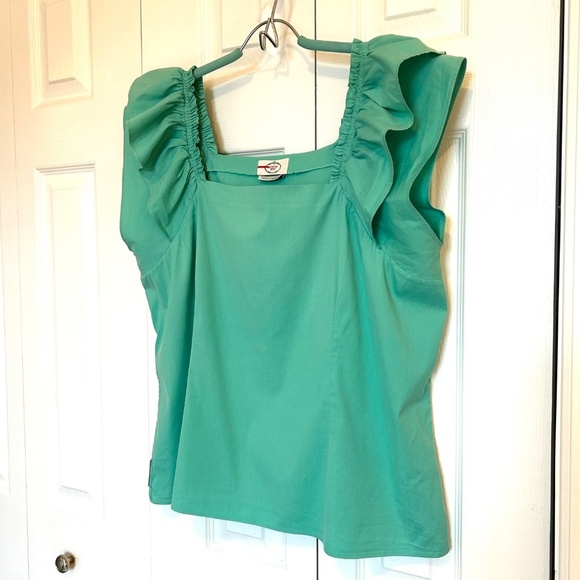 PRADA SPORT Square Neck Ruffle Short Sleeve Cotton Blend Top Green Size 44/US10 - Picture 3 of 16